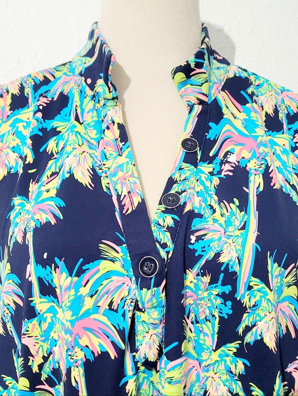 Lulu-B Tropical Palm Print Liquid Knit Tunic Top Large Navy Beach Cover Up - Picture 3 of 12
